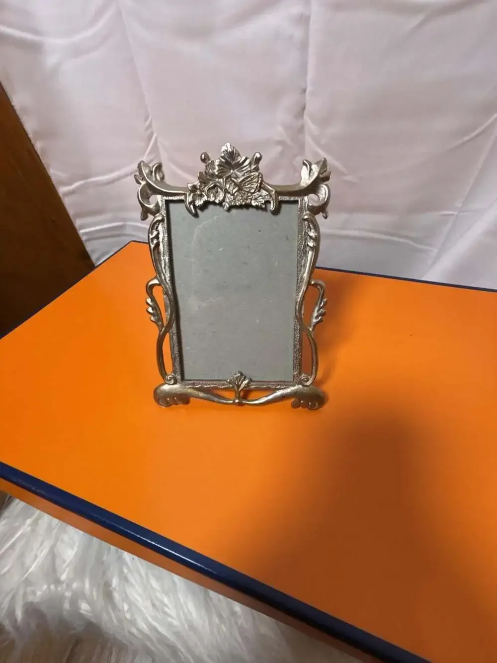 Vintage Ornate Pewter Floral Design Standing Picture Frame